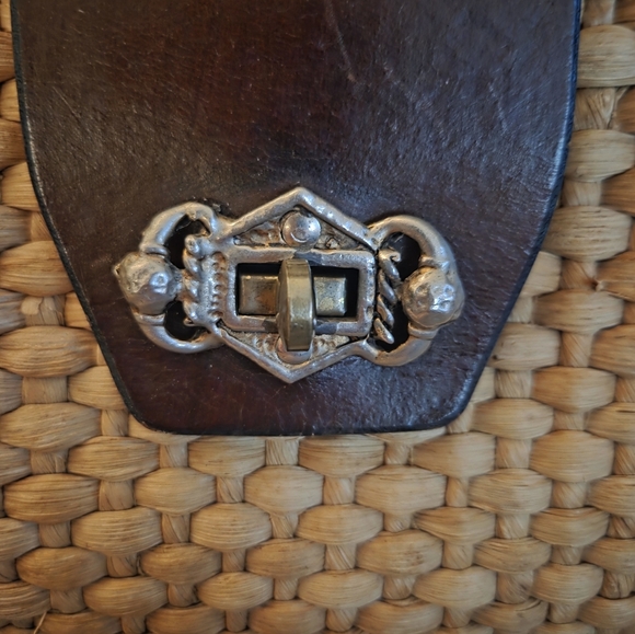 Vintage John Romain Straw Purse Bag Woven Double Leather Straps Turnlock EUC - Picture 2 of 16